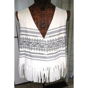Woman's Fringe Bling Vest Faux Leather Fabric Rhines Aztec Print Sz. XL